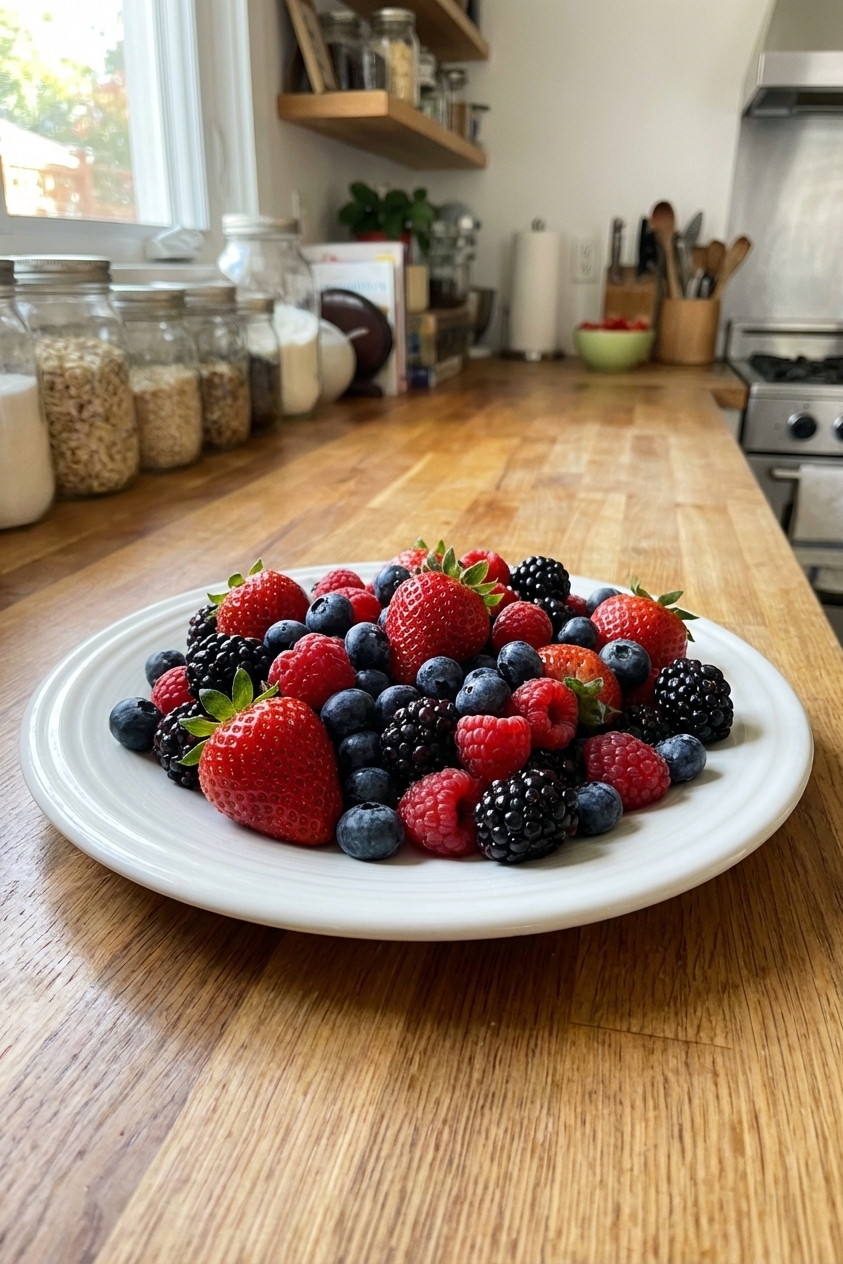 A plate of fresh mixed berries on a kitchen counter