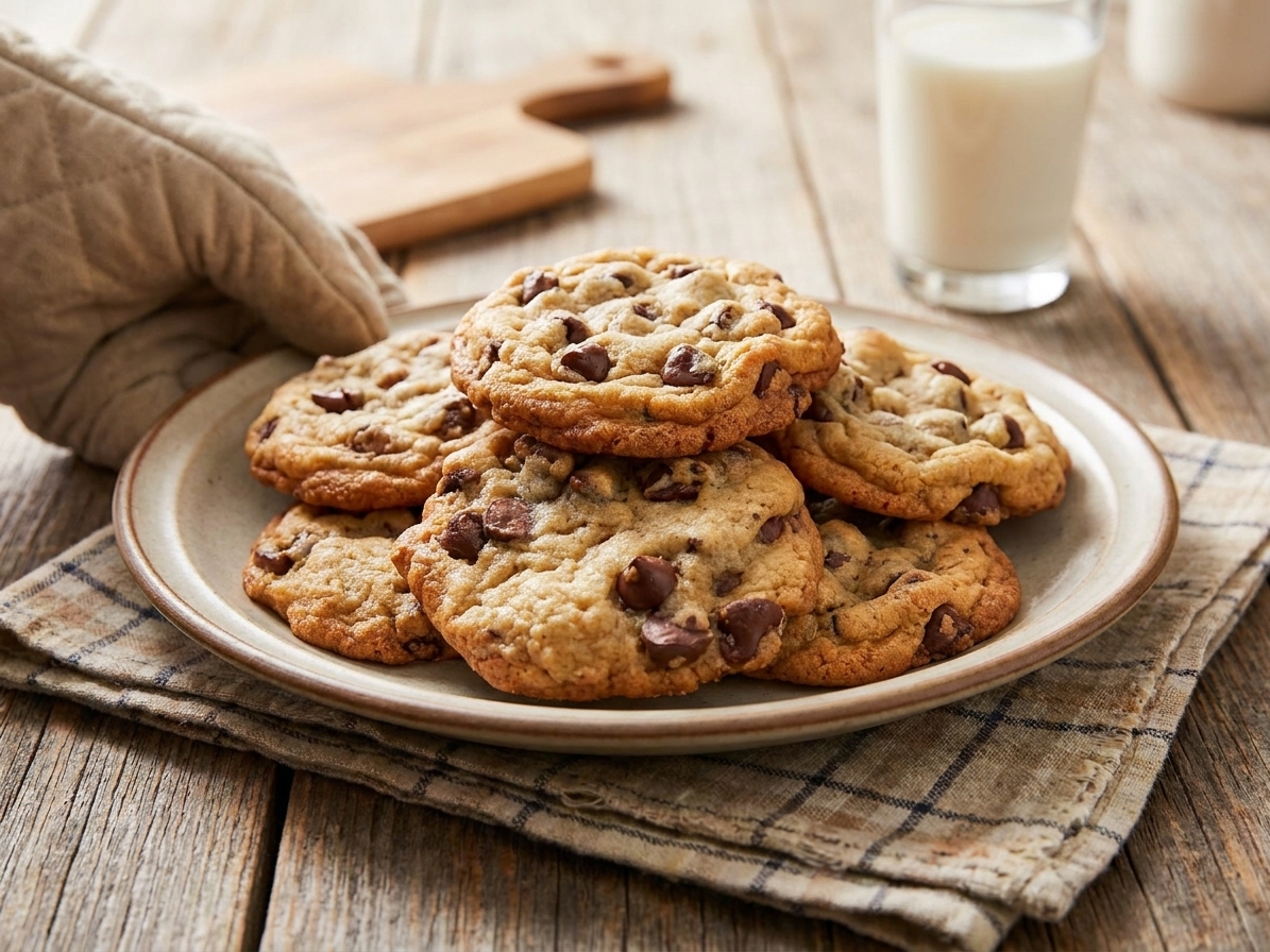 A plate of freshly baked chocolate chip cookies with crisp edges and melty chips on a wooden table setting
