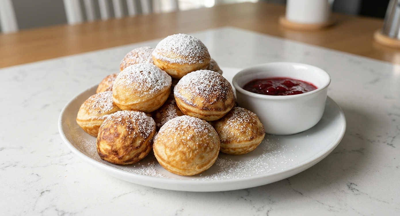 A plate of freshly cooked aebleskiver with powdered sugar and a small bowl of jam on a breakfast table