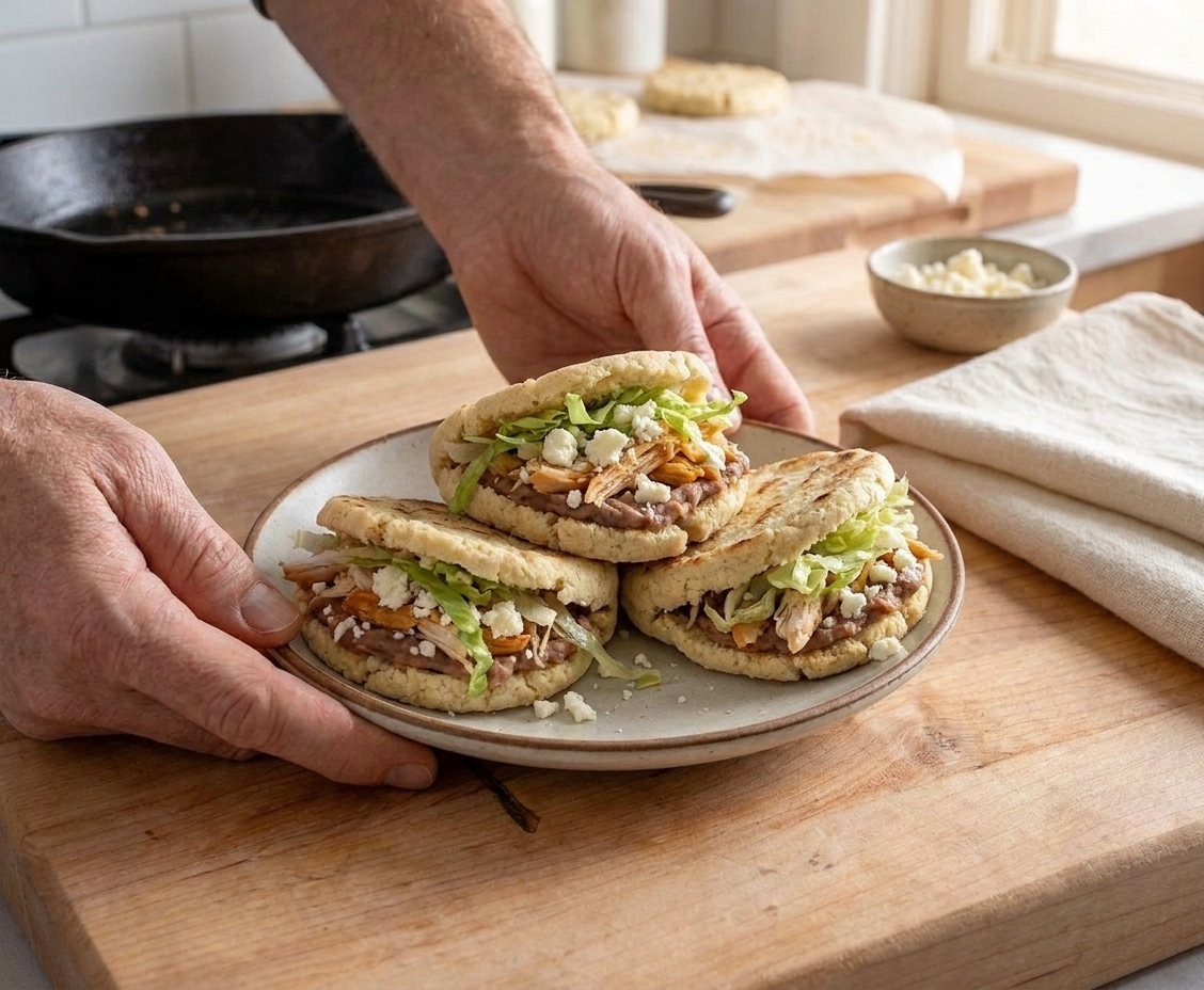 A plate of freshly cooked gorditas, split open and stuffed with beans, shredded chicken, lettuce, and crumbled cheese on a warm kitchen table