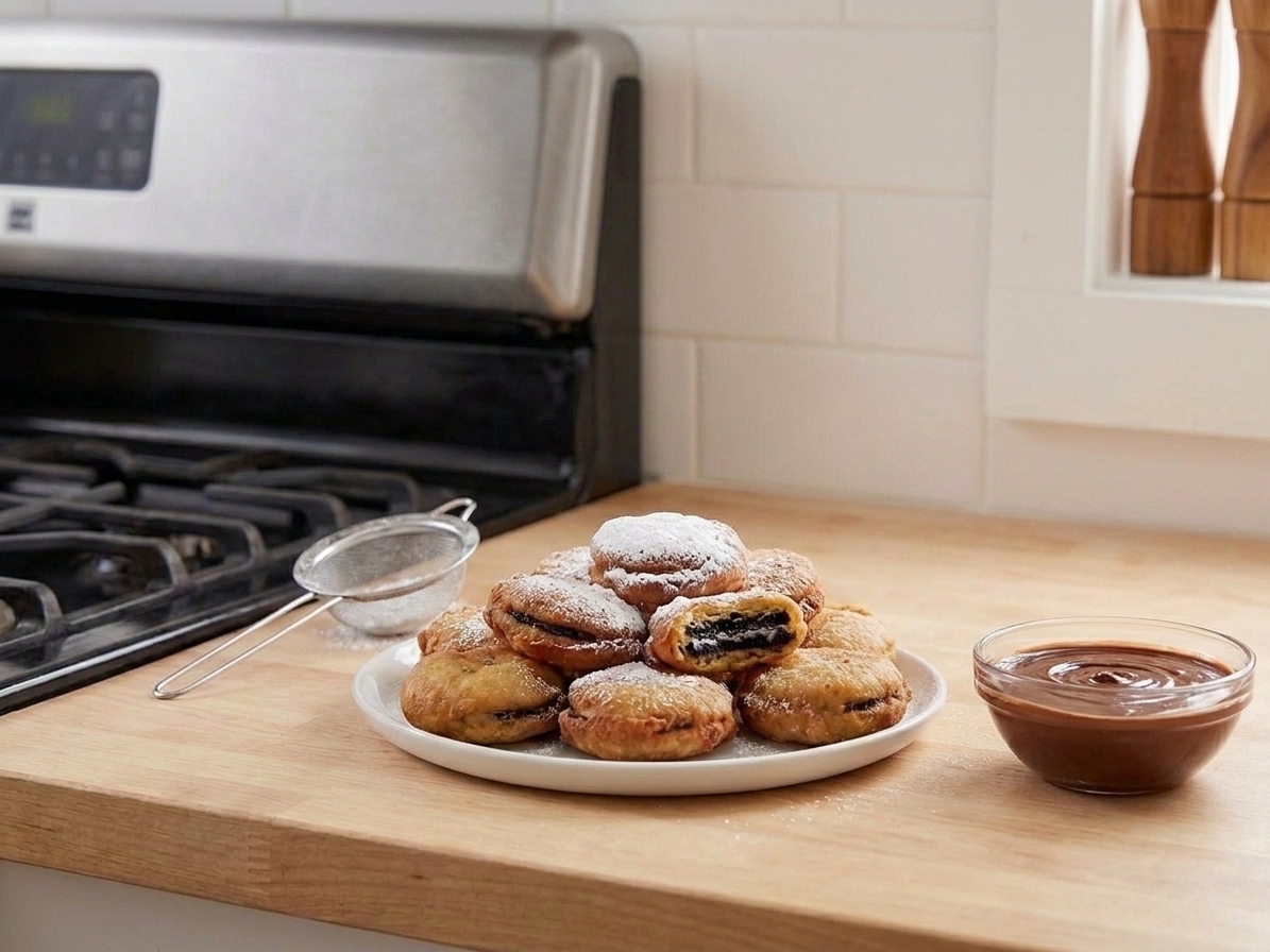 A plate of freshly fried Oreos dusted heavily with powdered sugar on a light kitchen table, with a small bowl of chocolate sauce nearby