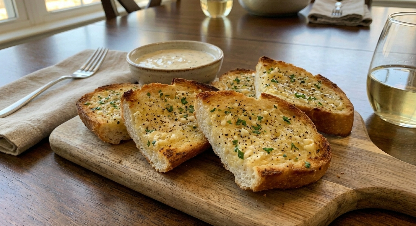 A plate of garlic bread slices with golden toasted edges on a wooden board
