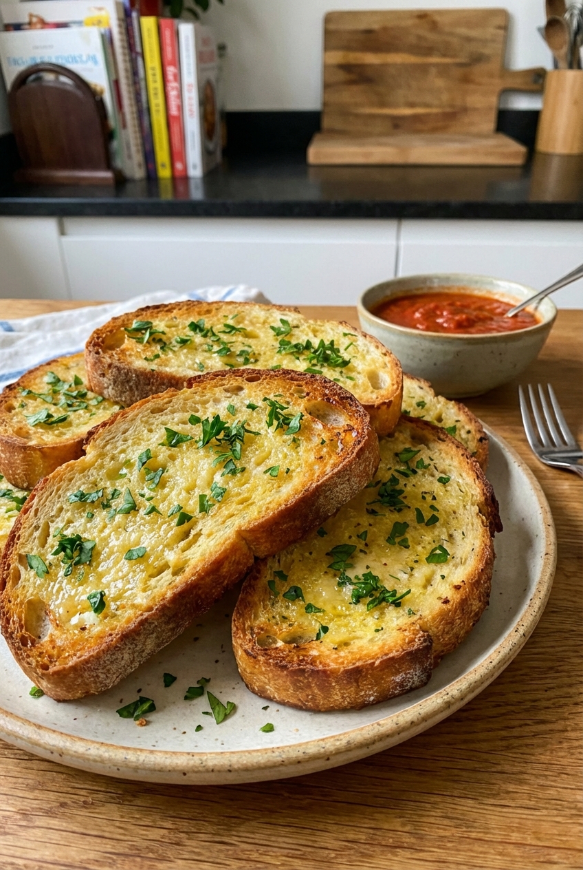 A plate of garlic bread with a golden crust and parsley