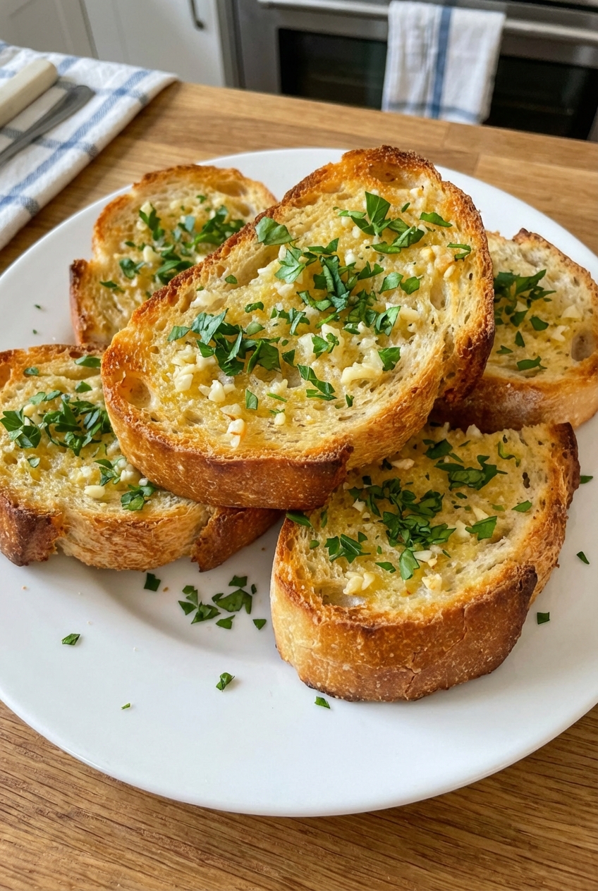 A plate of garlic bread with golden edges and parsley on top