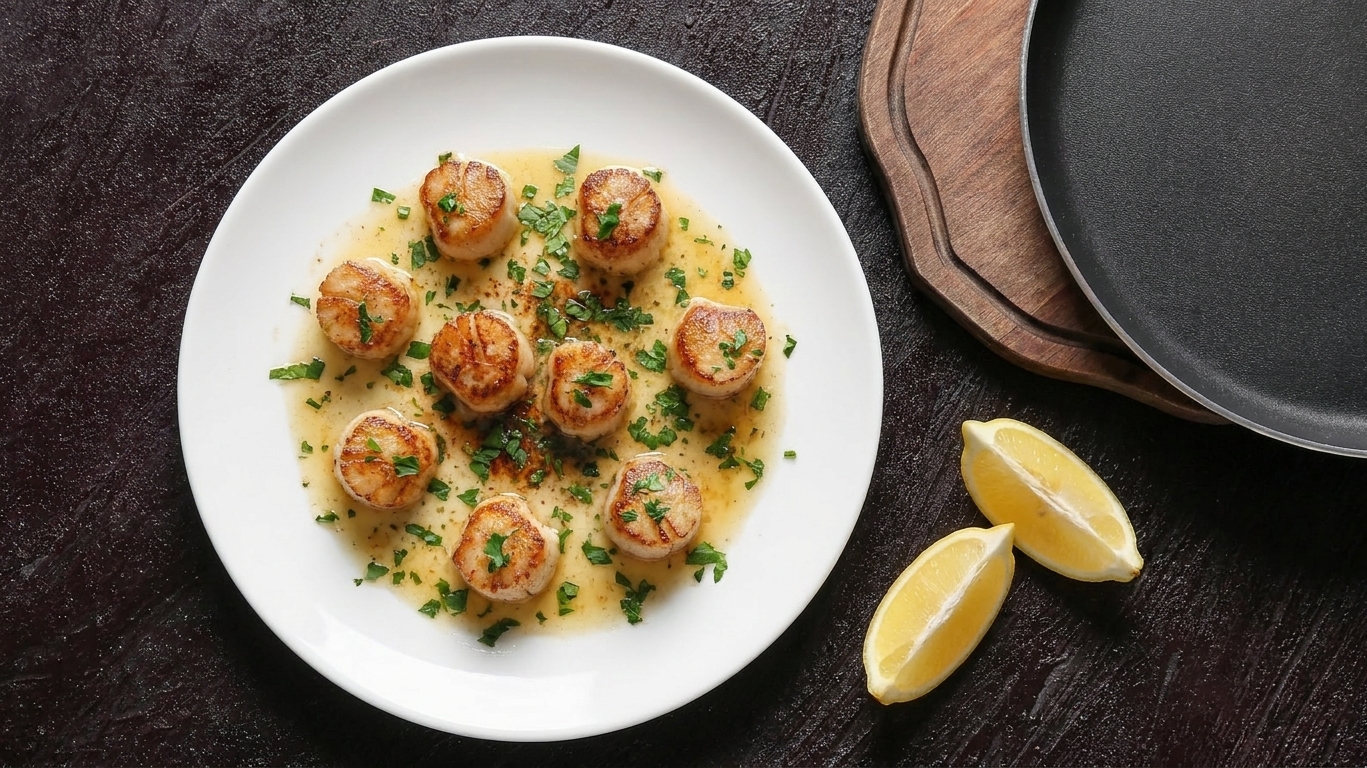 A plate of garlic butter bay scallops topped with parsley next to lemon wedges on a simple table setting