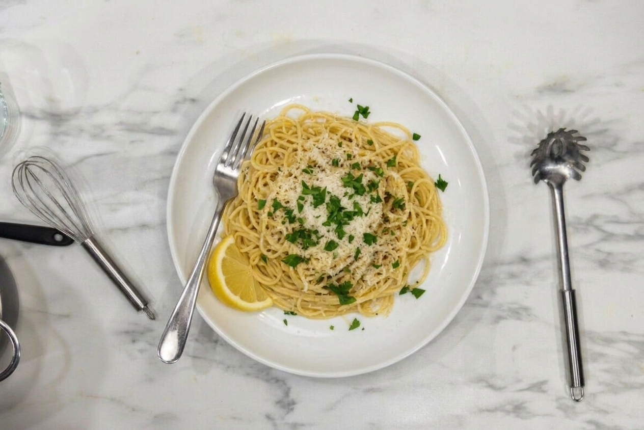 A plate of garlic butter pasta topped with parmesan and parsley on a simple dinner table with a fork and lemon wedge nearby