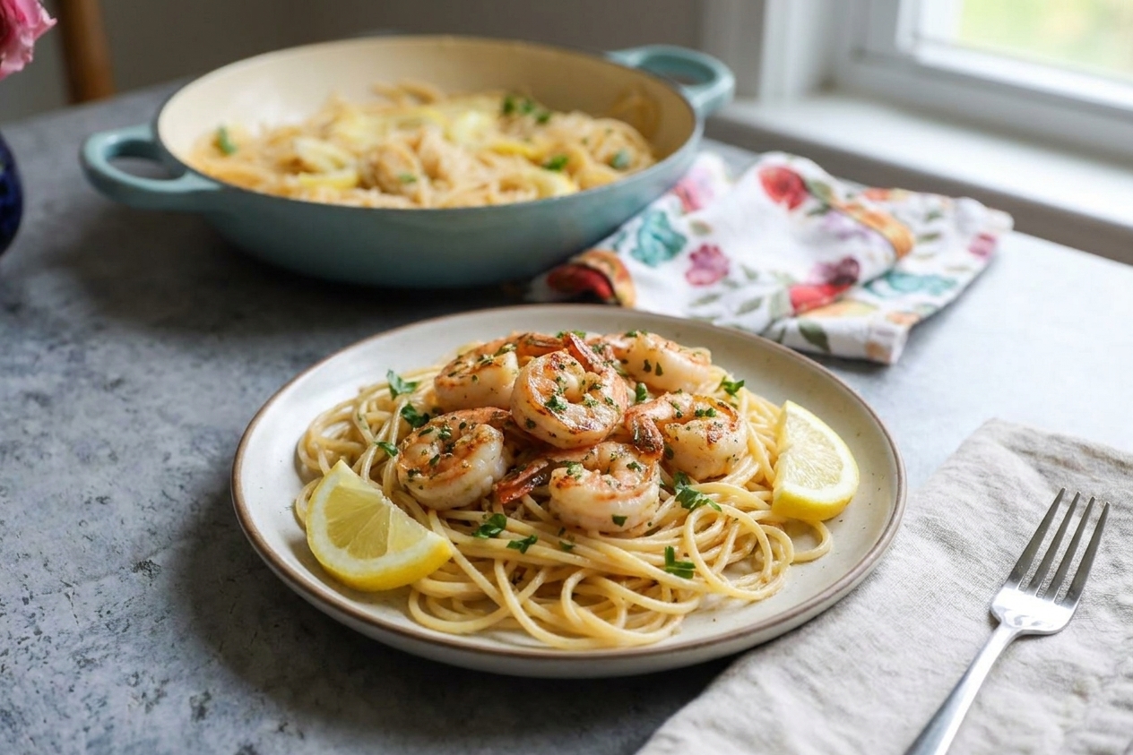 A plate of garlic butter sauteed shrimp served over pasta with parsley and lemon wedges on a simple dinner table setting