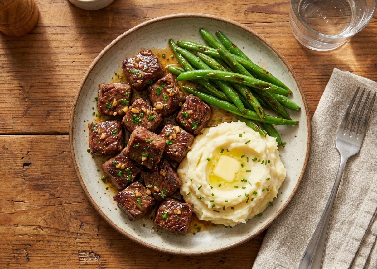 A plate of garlic-butter sirloin tip steak bites served with mashed potatoes and green beans on a simple dinner table
