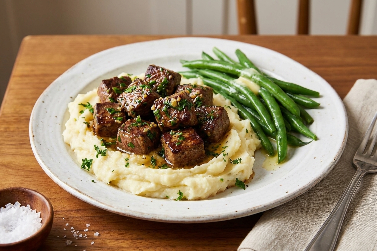 A plate of garlic butter steak bites served over creamy mashed potatoes with parsley garnish and a simple green vegetable side on a dining table