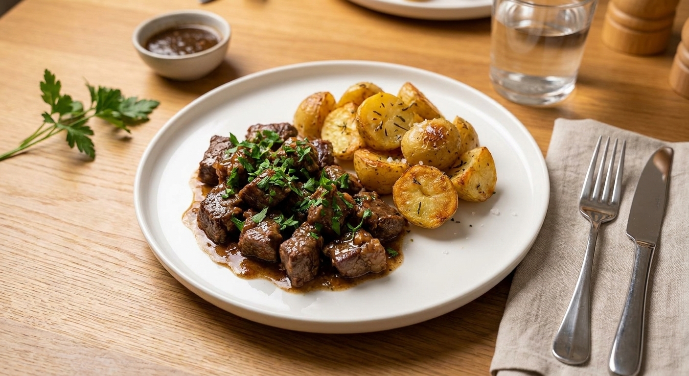 A plate of garlic butter steak bites topped with chopped parsley, served with roasted potatoes on a dinner table with a simple place setting