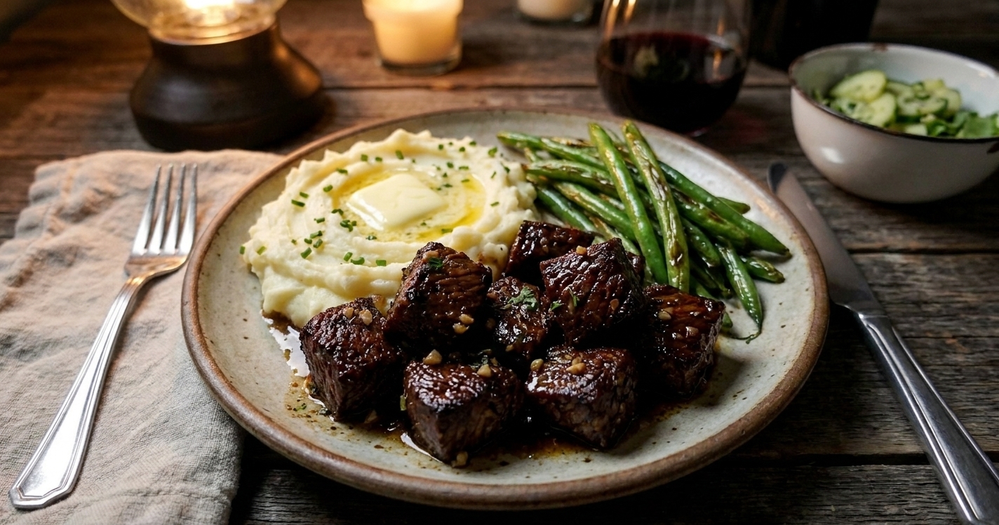 A plate of garlic herb steak tips served with mashed potatoes and green beans on a cozy dinner table with warm lighting