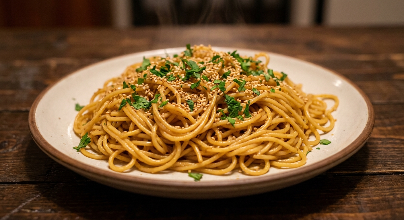 A plate of garlic noodles with sesame seeds and parsley