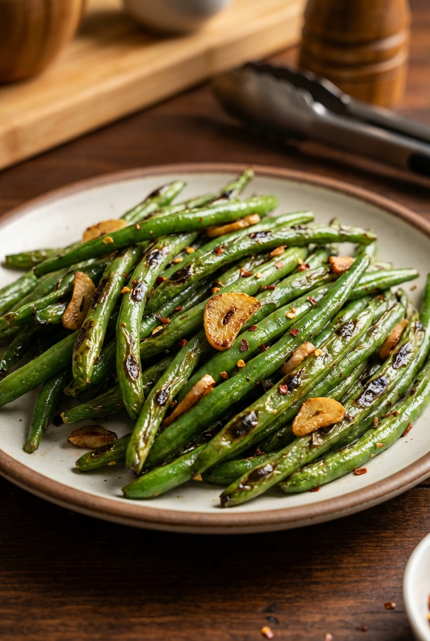 A plate of garlic sauteed green beans with blistered edges