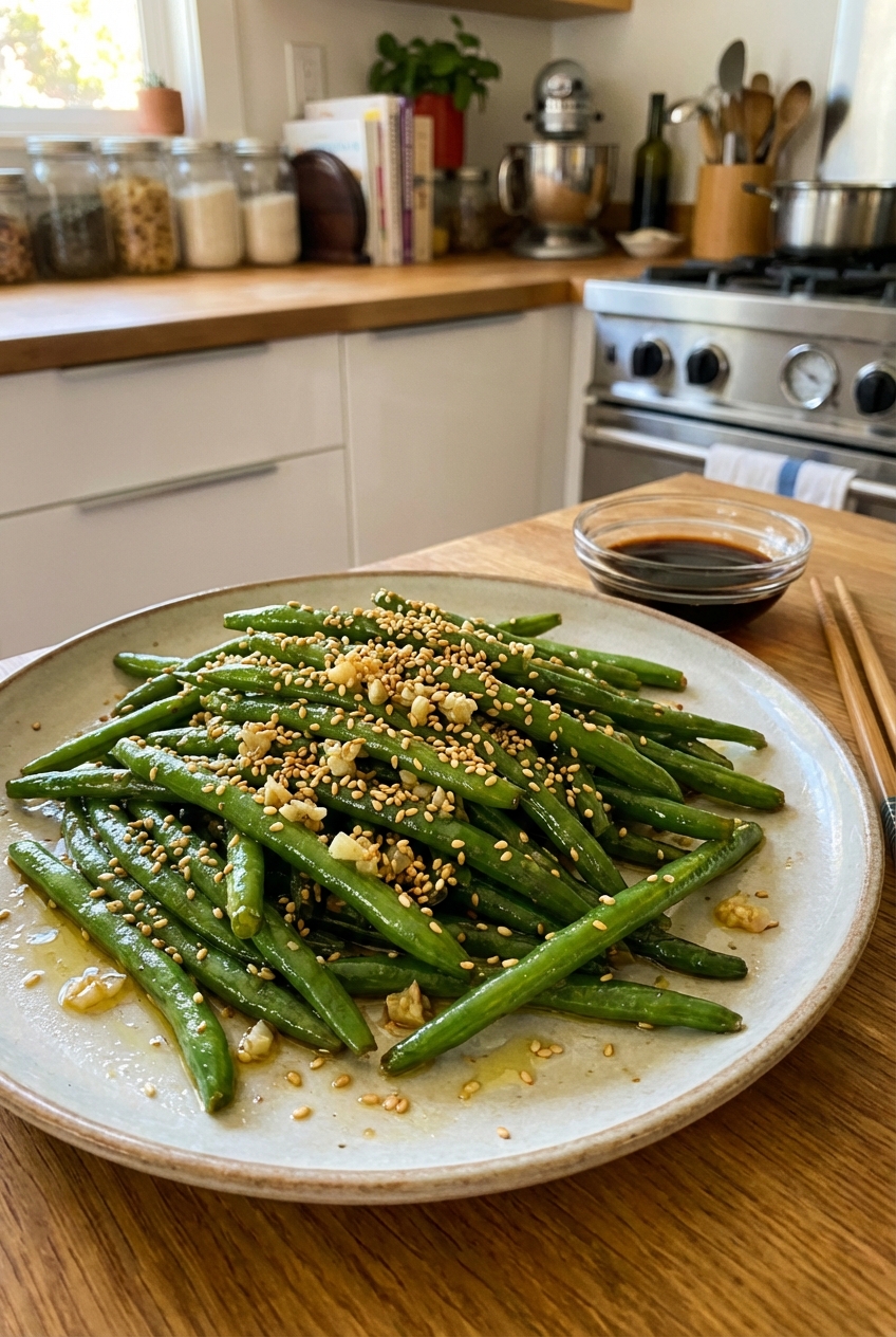 A plate of garlicky sautéed green beans with toasted sesame seeds