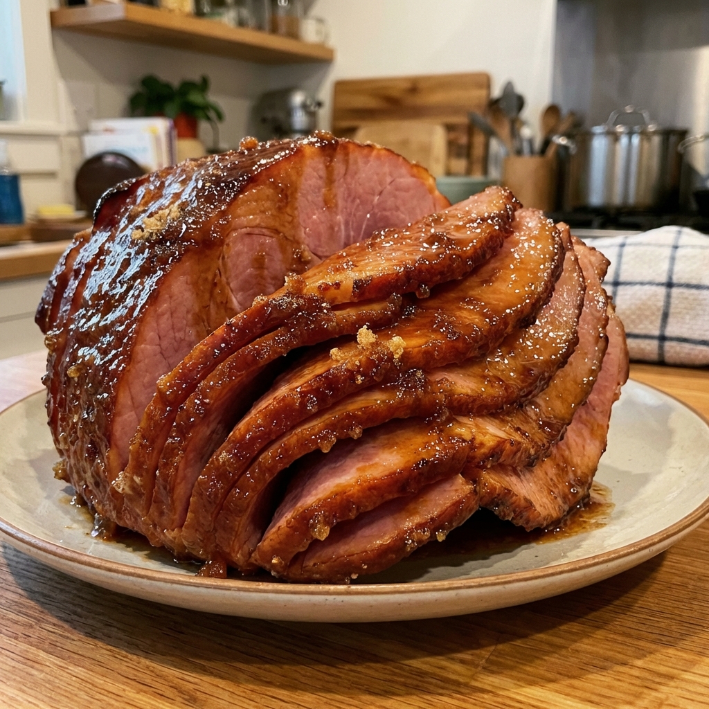 A plate of glazed ham slices with a shiny brown sugar glaze