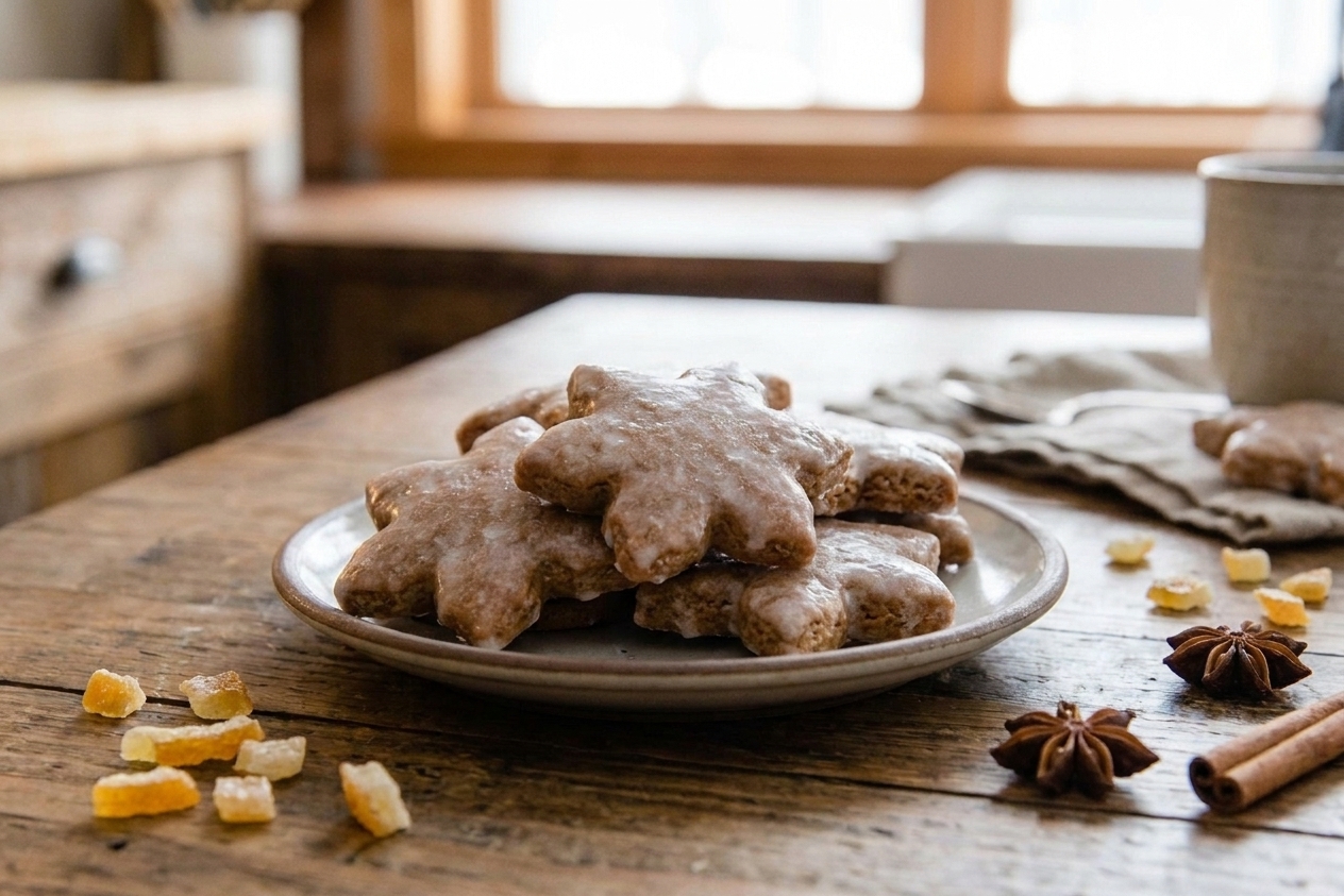 A plate of glazed lebkuchen cookies with a shiny finish, scattered candied citrus peel nearby, set on a cozy wooden table with soft natural window light