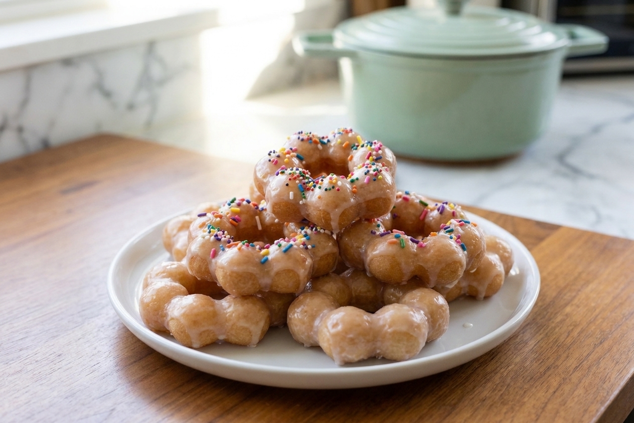 A plate of glazed pon de ring mochi donuts with a glossy vanilla glaze and a few sprinkled toppings on a warm kitchen table