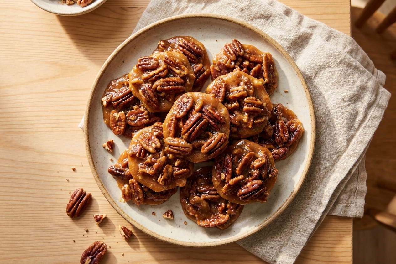A plate of glossy pecan pralines set in rustic clusters on a light kitchen table with warm natural light