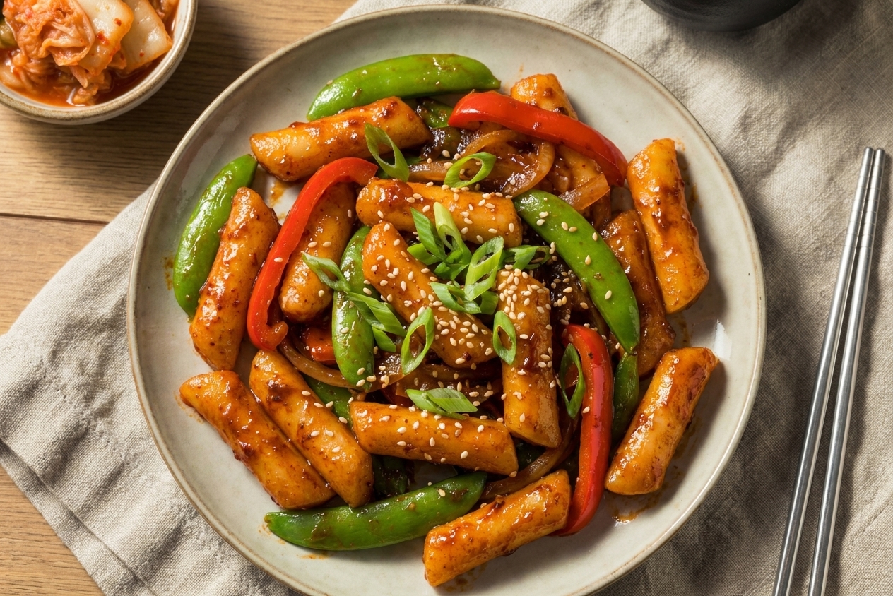 A plate of glossy spicy Korean rice cakes topped with sliced scallions and sesame seeds on a simple dinner table setting