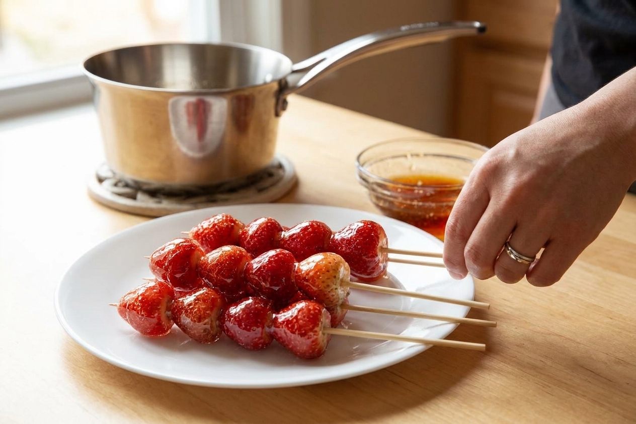 A plate of glossy strawberry bing tanghulu skewers with a clear, glassy sugar shell on a light kitchen table