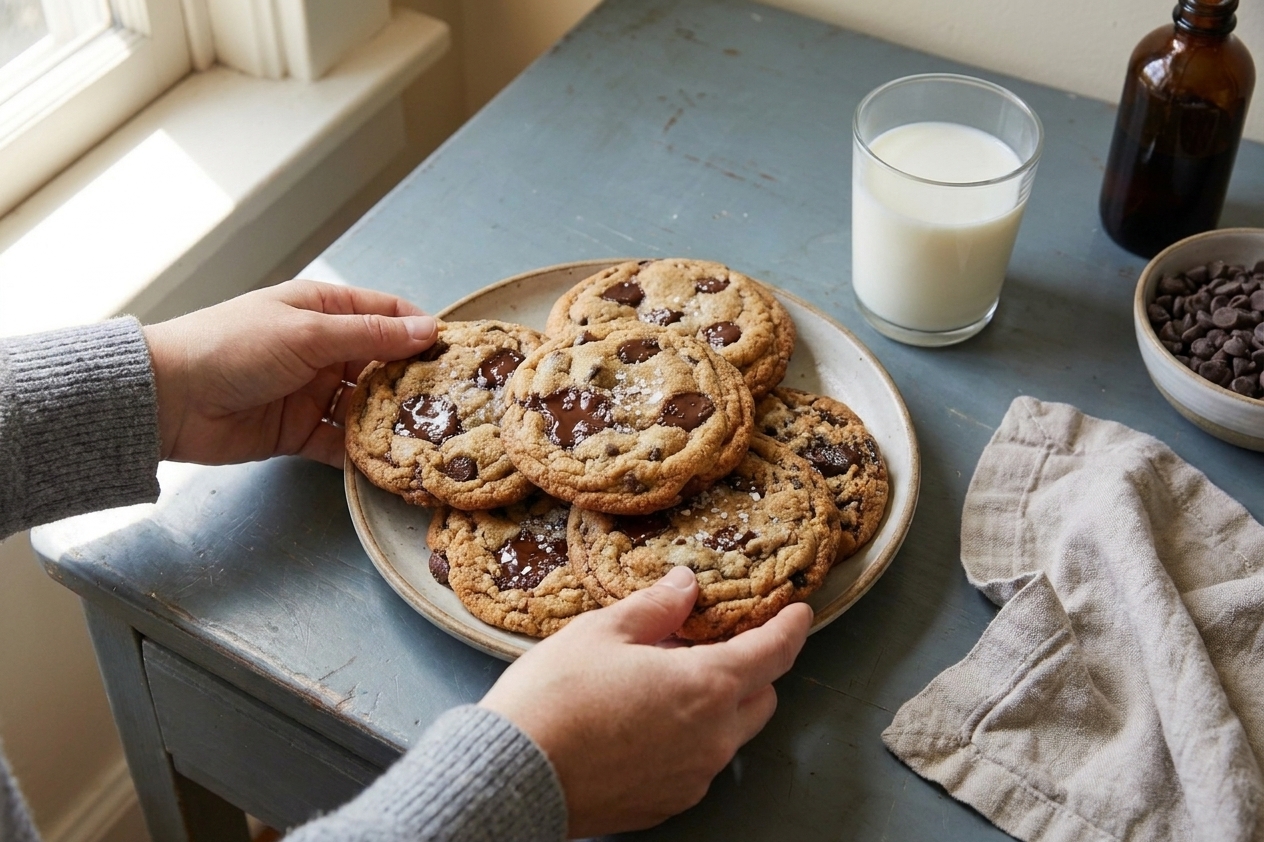 A plate of gluten free chocolate chip cookies on a simple table setting with a glass of milk in warm natural kitchen light