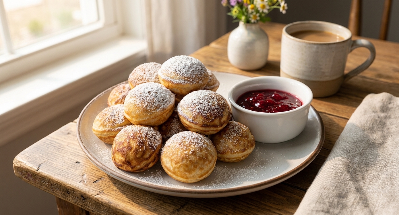 A plate of golden Danish aebleskiver dusted with powdered sugar with a small bowl of raspberry jam on a cozy breakfast table