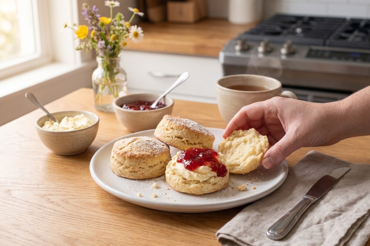 A plate of golden English scones split open and served with clotted cream and strawberry jam on a rustic kitchen table with morning light