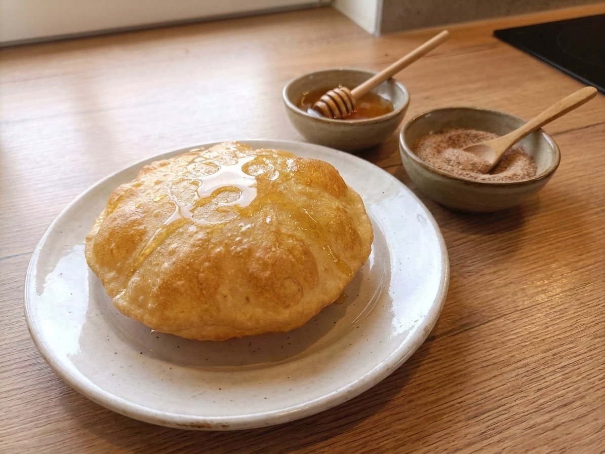 A plate of golden Indian fry bread with crisp bubbled edges and a soft center, set on a simple wooden table with small bowls of honey and cinnamon sugar
