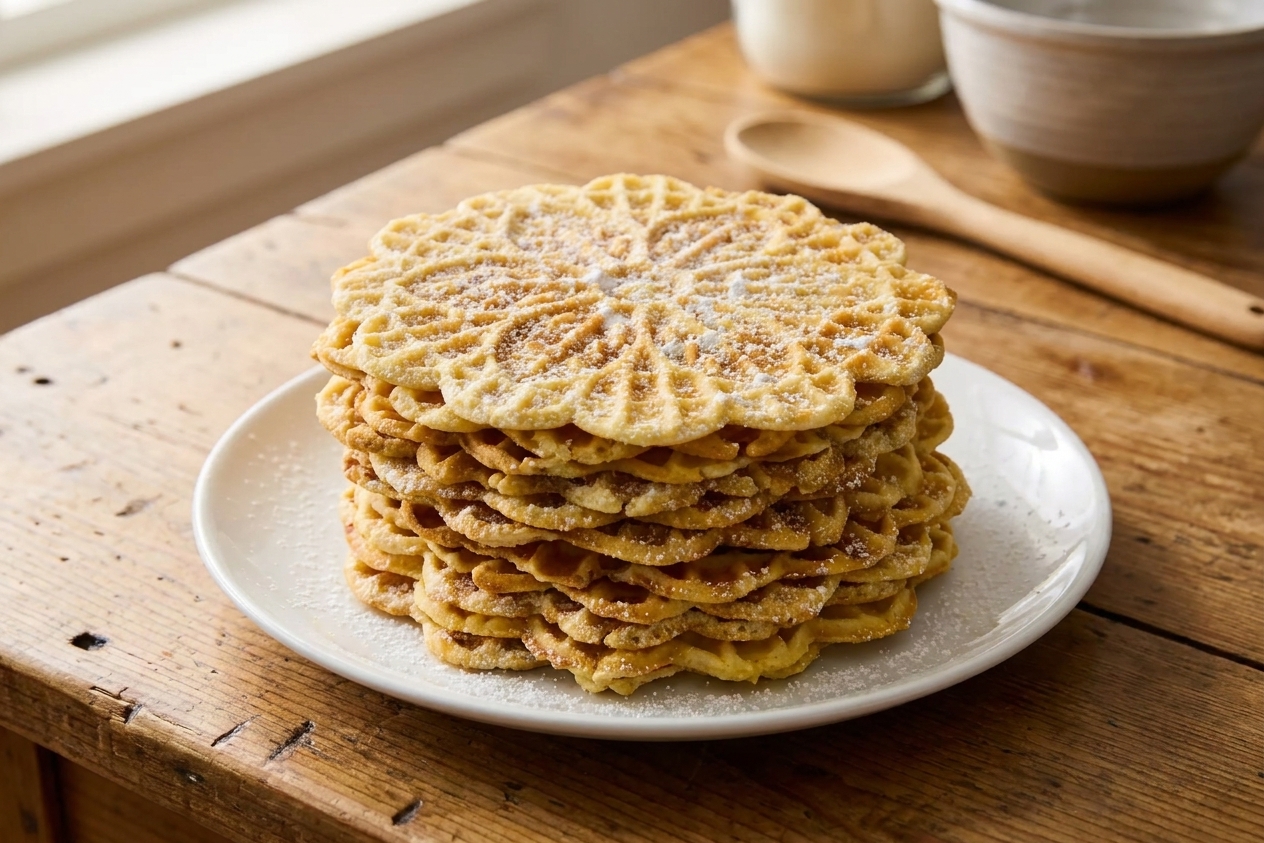 A plate of golden Italian pizzelle cookies stacked with a light dusting of powdered sugar on a warm kitchen table