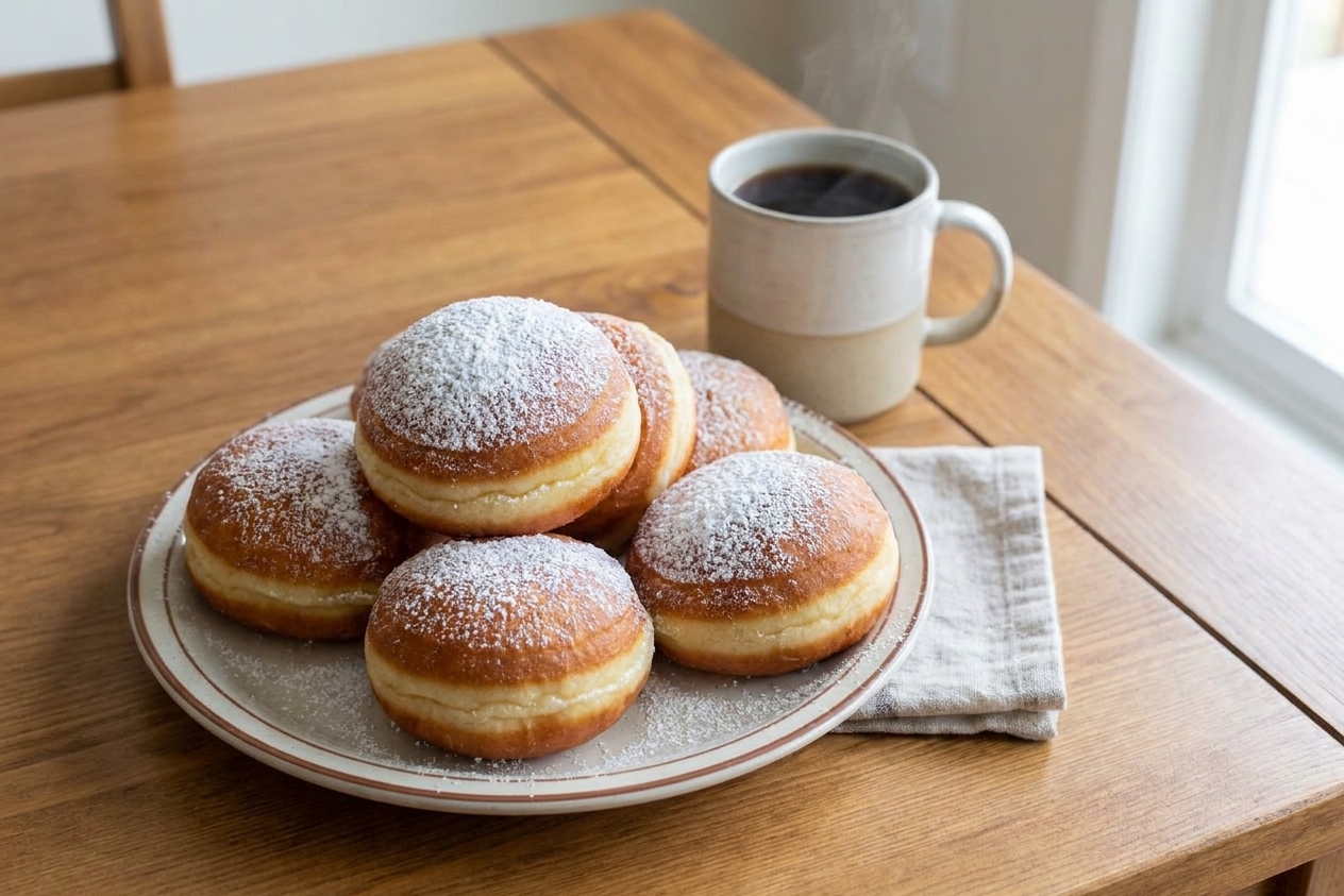 A plate of golden Polish paczki dusted with powdered sugar on a cozy kitchen table with a mug of coffee nearby