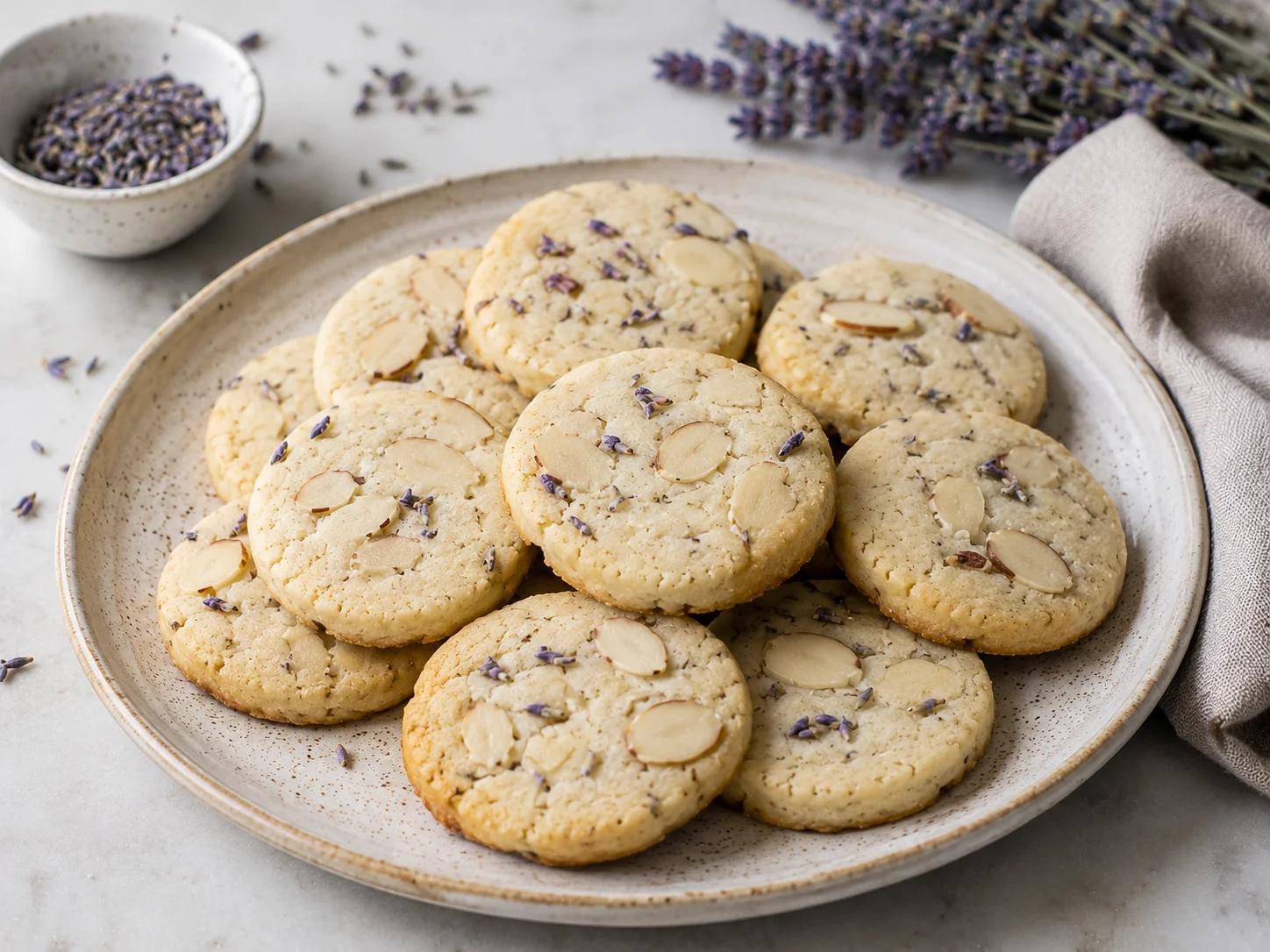 A plate of golden badam cookies topped with sliced almonds on a light stoneware plate on a warm kitchen table