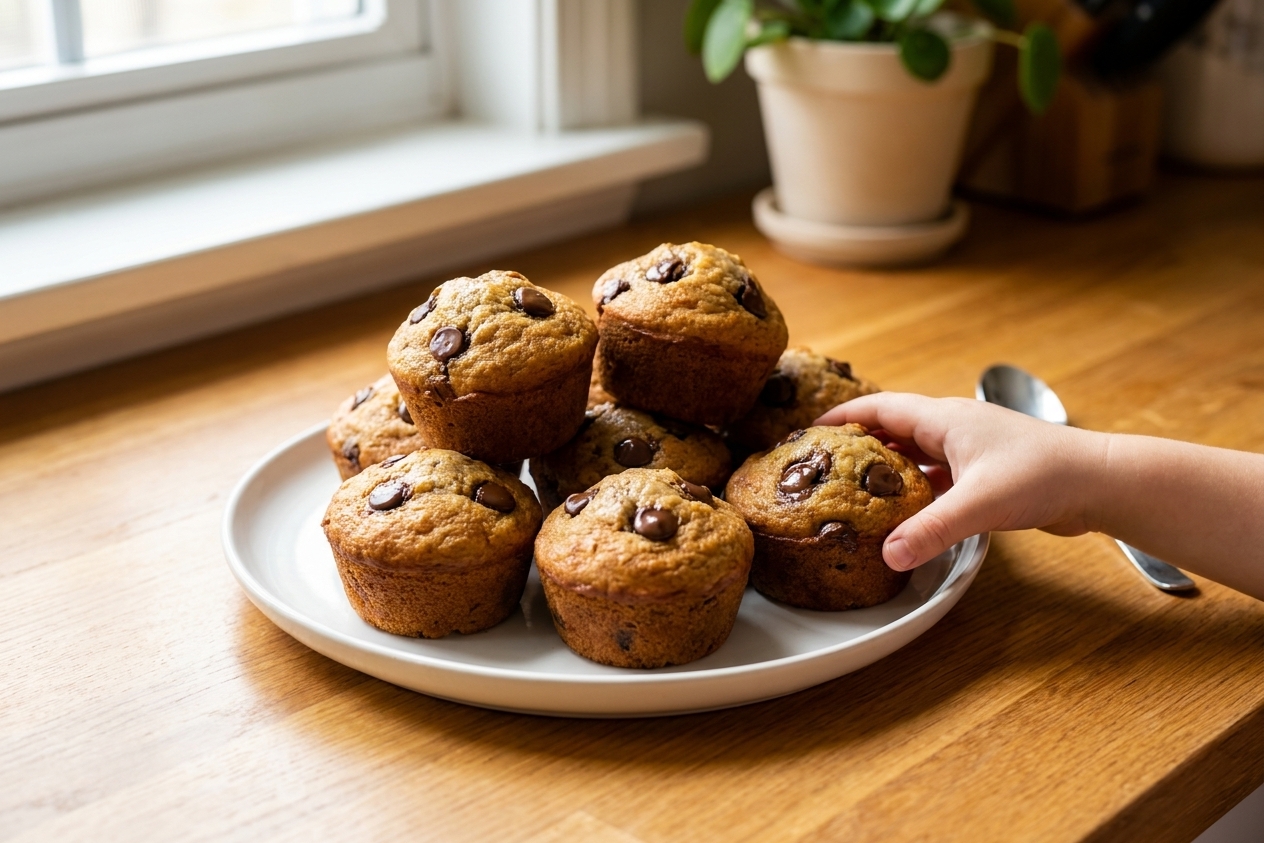 A plate of golden banana chocolate chip muffins with tall domed tops and melted chocolate chips on a warm kitchen table in natural morning light
