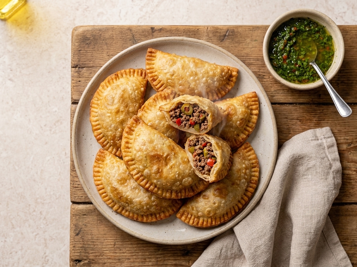 A plate of golden brown beef empanadas with one cut open to show the juicy filling, set on a simple wooden table with a small bowl of dipping sauce