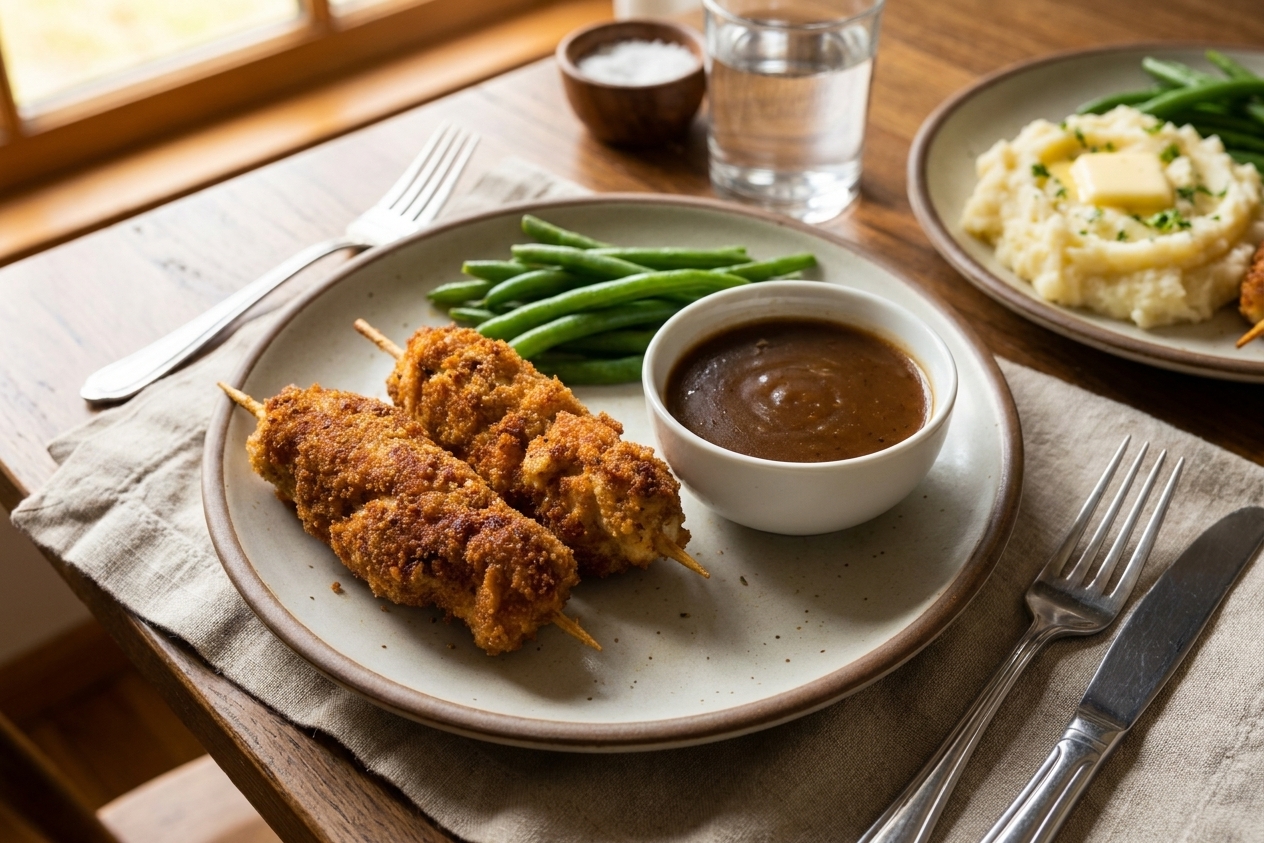 A plate of golden-brown city chicken skewers with a small bowl of pan gravy, served on a cozy dinner table with simple sides