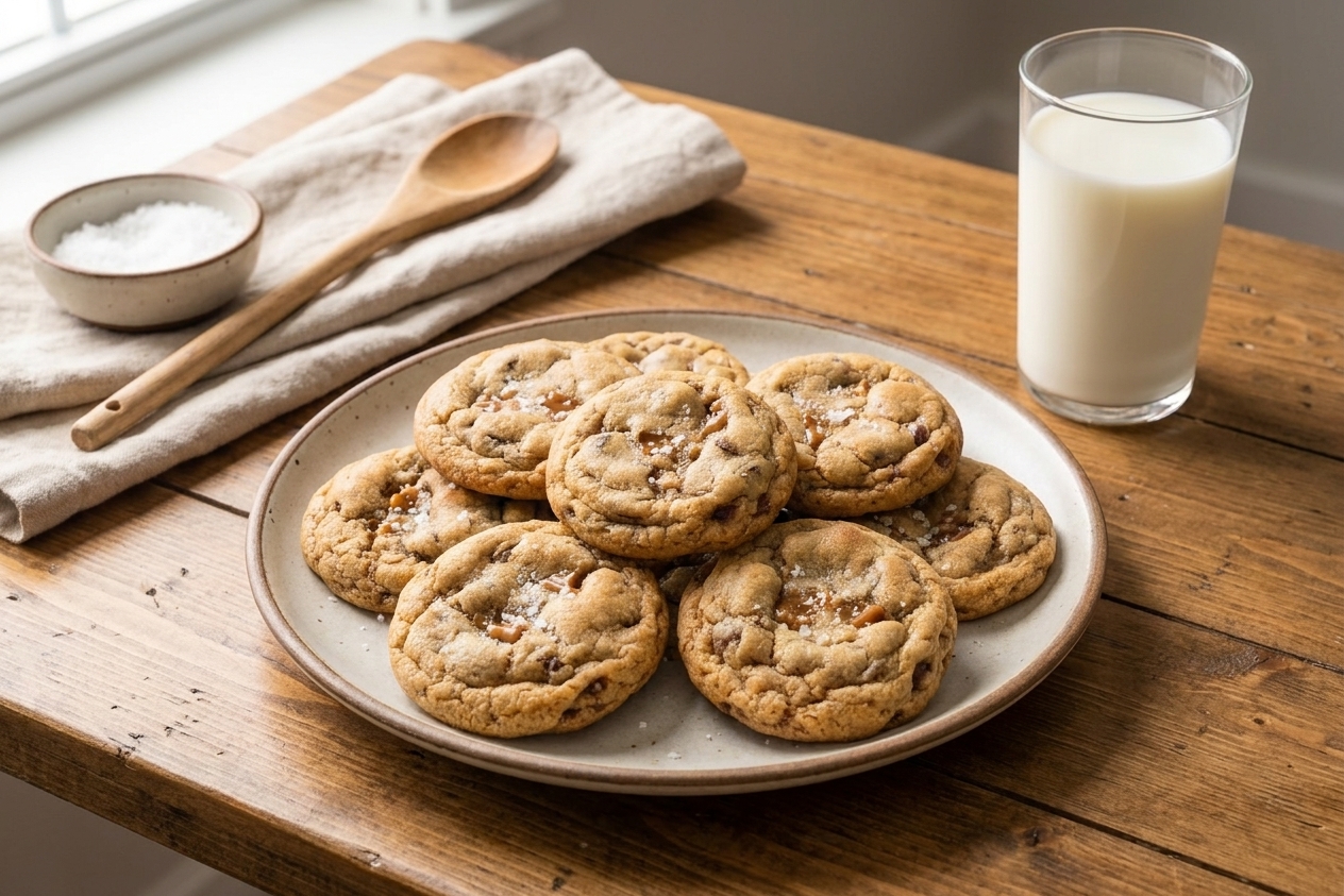 A plate of golden brown cookies with crisp edges and visible toffee bits, set on a warm-toned kitchen table with a glass of milk nearby