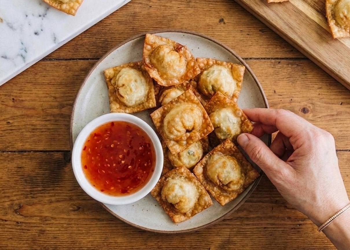 A plate of golden brown cream cheese wontons with crisp bubbled edges, served with a small bowl of sweet chili sauce on a warm-toned kitchen table