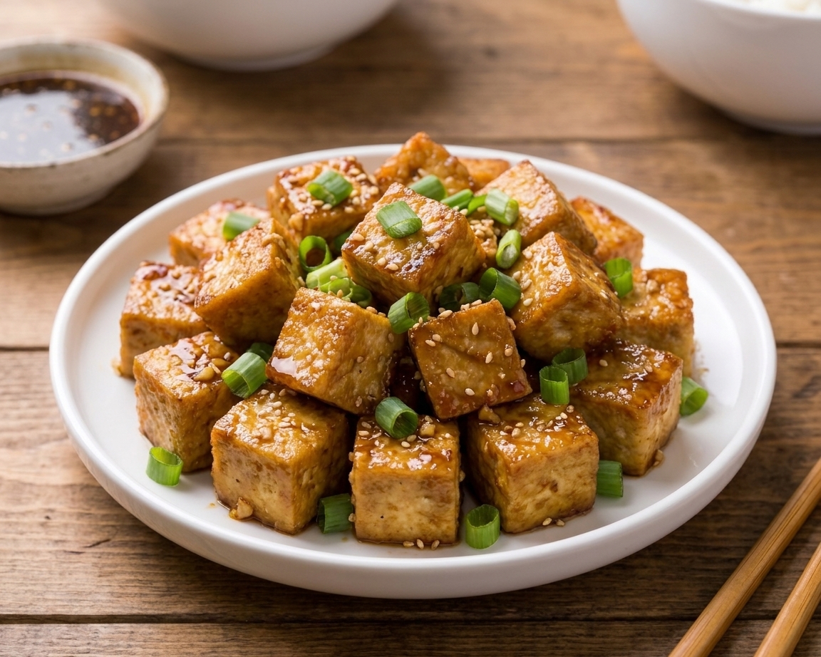 A plate of golden brown crispy fried tofu cubes coated in a shiny soy-garlic glaze, topped with sliced green onions and sesame seeds on a simple dinner table