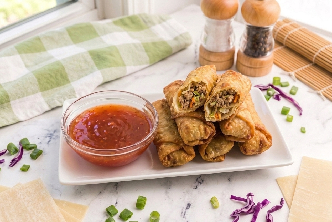 A plate of golden brown crispy pork and cabbage egg rolls cut open to show the filling, served with a small bowl of dipping sauce on a warm kitchen table