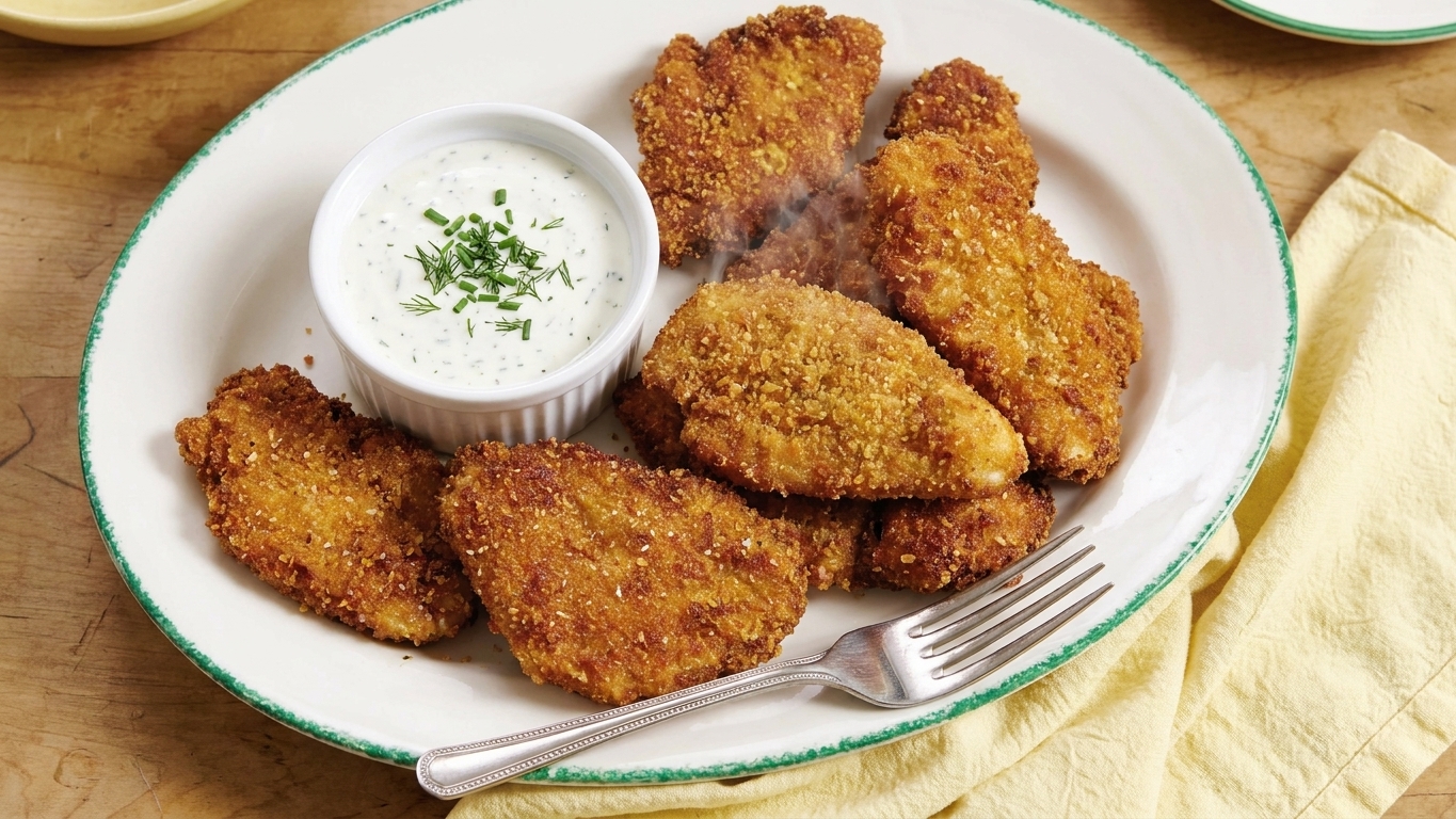 A plate of golden brown crispy ranch chicken cutlets with a small ramekin of ranch dipping sauce on a wooden table