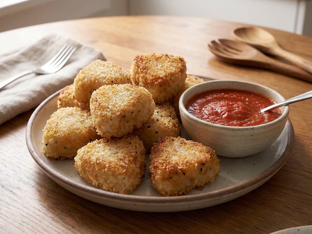 A plate of golden brown crispy rice balls with a small bowl of marinara sauce on a simple wooden table