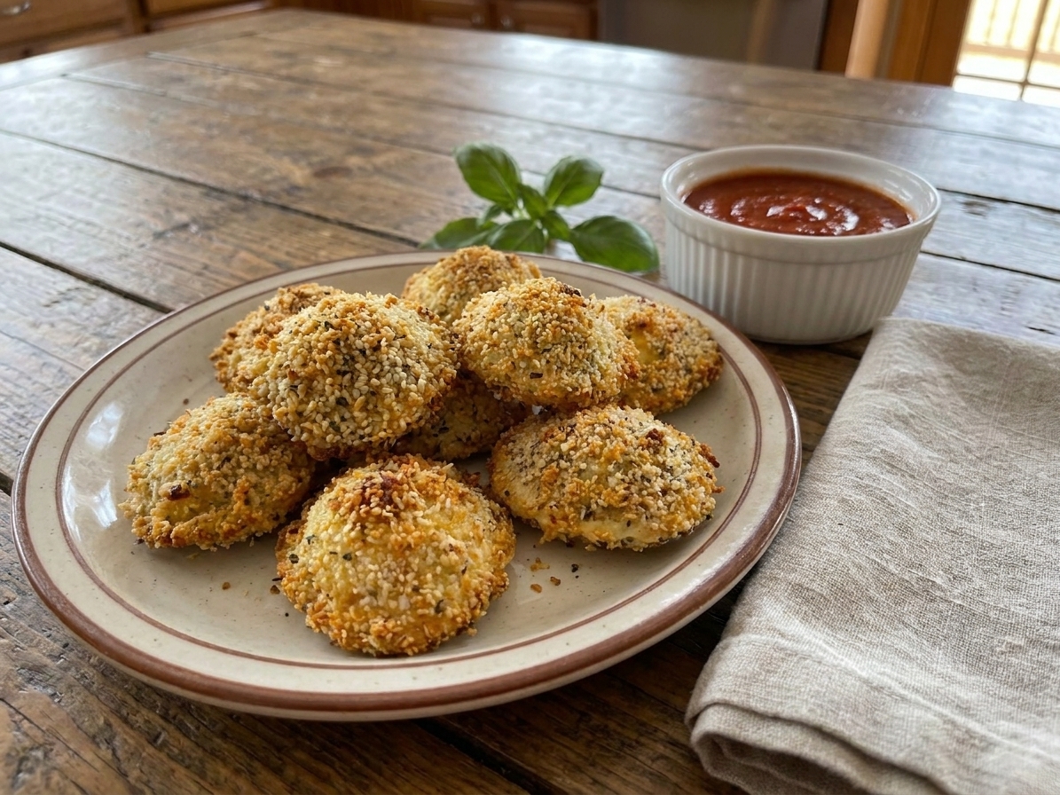 A plate of golden brown fried ravioli with crisp breadcrumb coating, served with a small bowl of marinara on a wooden table with a simple linen napkin