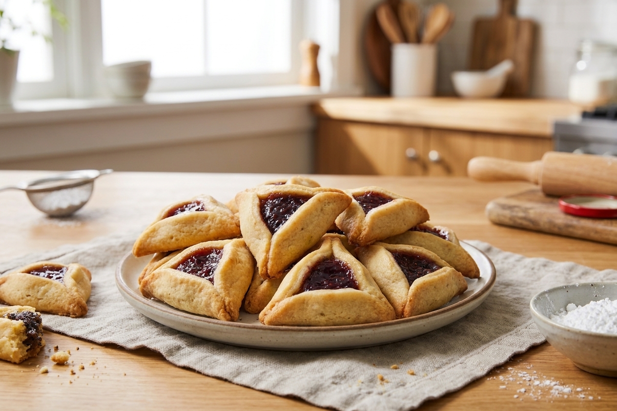 A plate of golden-brown hamantaschen cookies with visible jam centers and crisp folded corners on a neutral linen cloth in a bright home kitchen