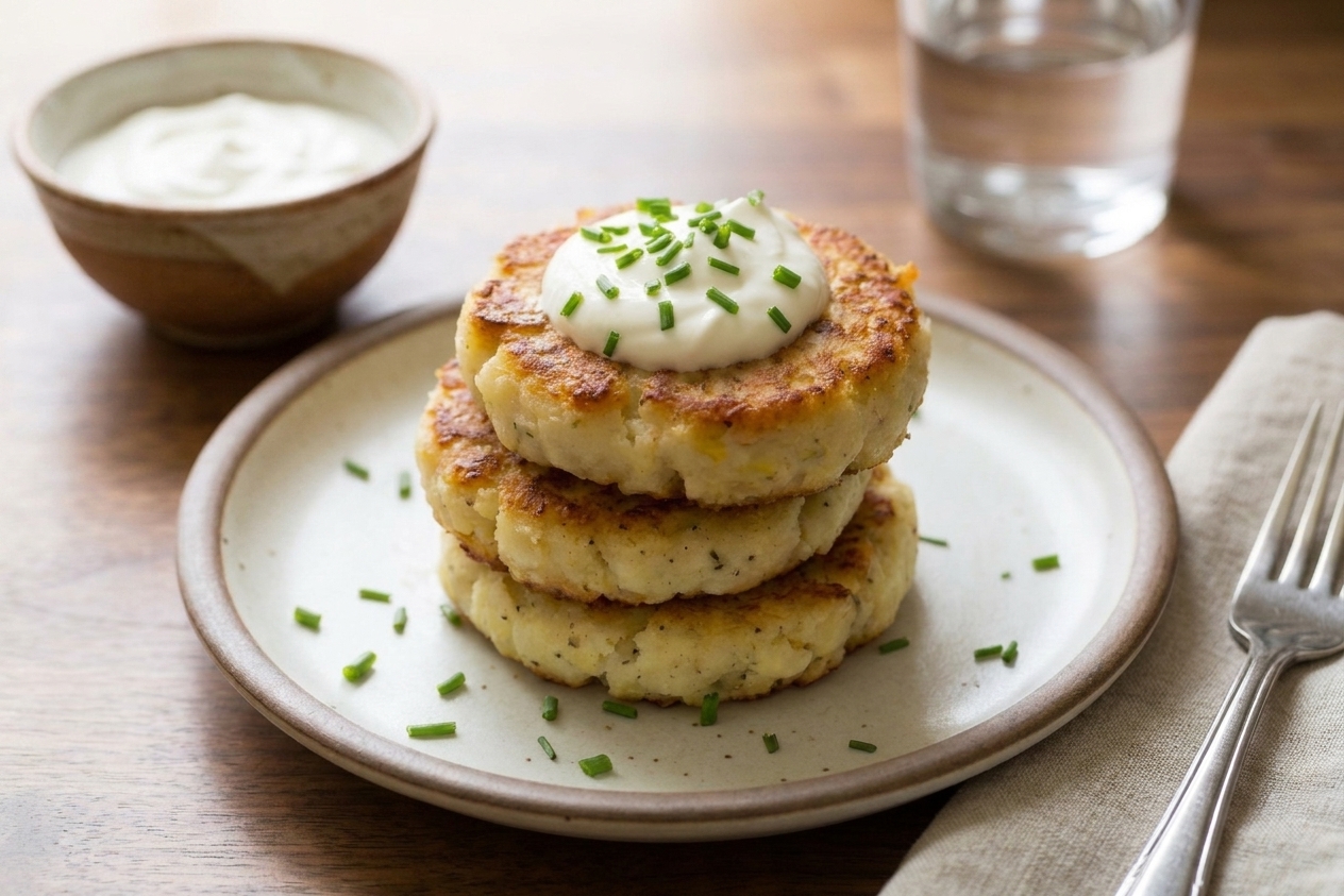 A plate of golden brown mashed potato cakes with crisp edges, topped with chopped chives, with a small bowl of sour cream dipping sauce on a rustic kitchen table
