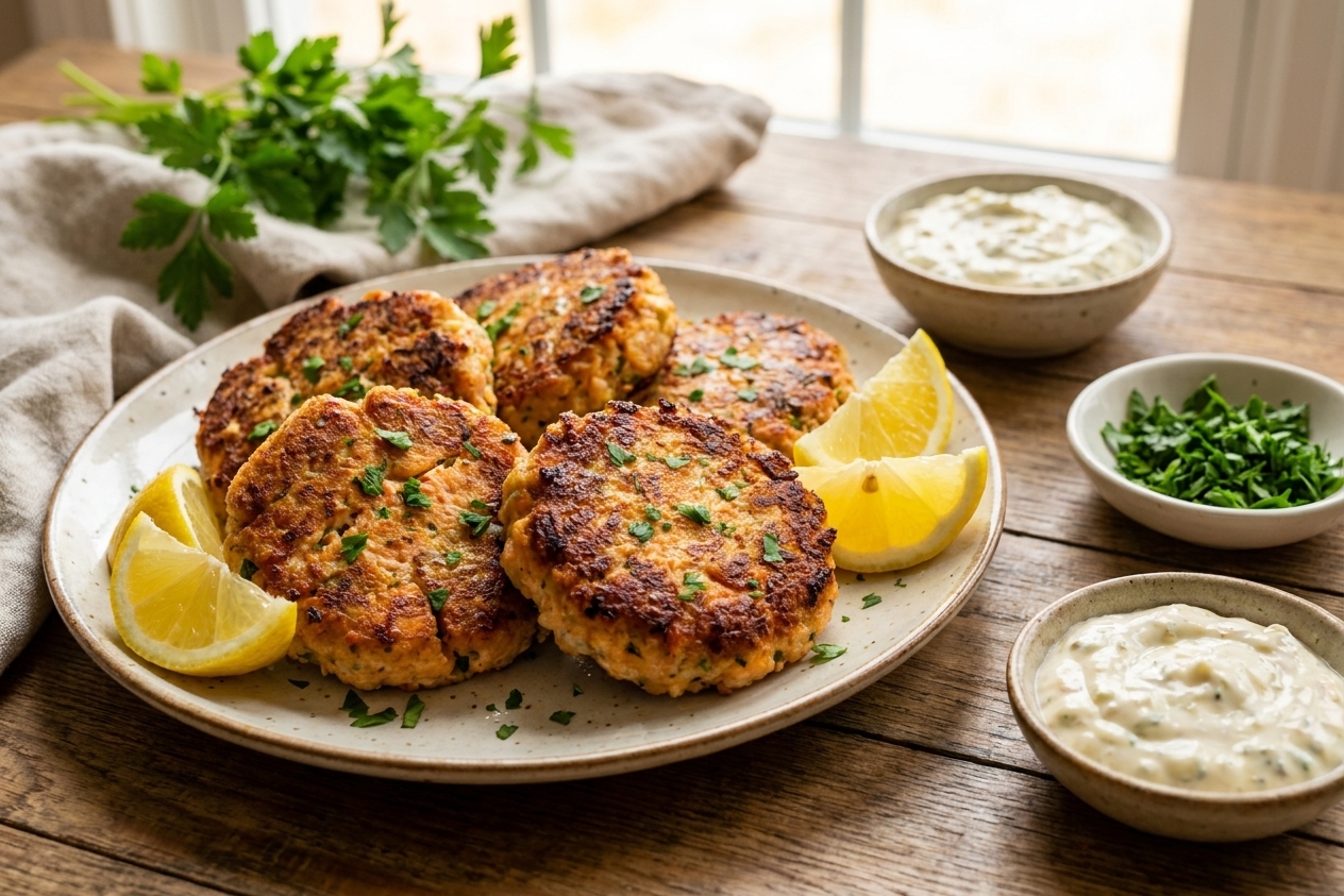A plate of golden brown old fashioned salmon patties with crisp edges, served with lemon wedges and a small bowl of tartar sauce on a wooden kitchen table in warm natural light