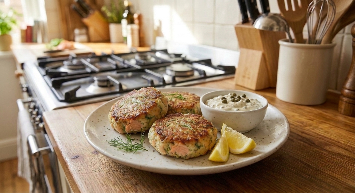 A plate of golden brown salmon fish cakes with a small bowl of creamy sauce and lemon wedges on a light wooden table