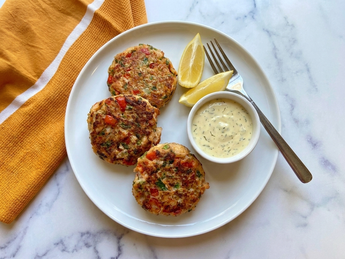 A plate of golden brown salmon patties with crisp edges, served with lemon wedges and a small bowl of creamy dipping sauce.