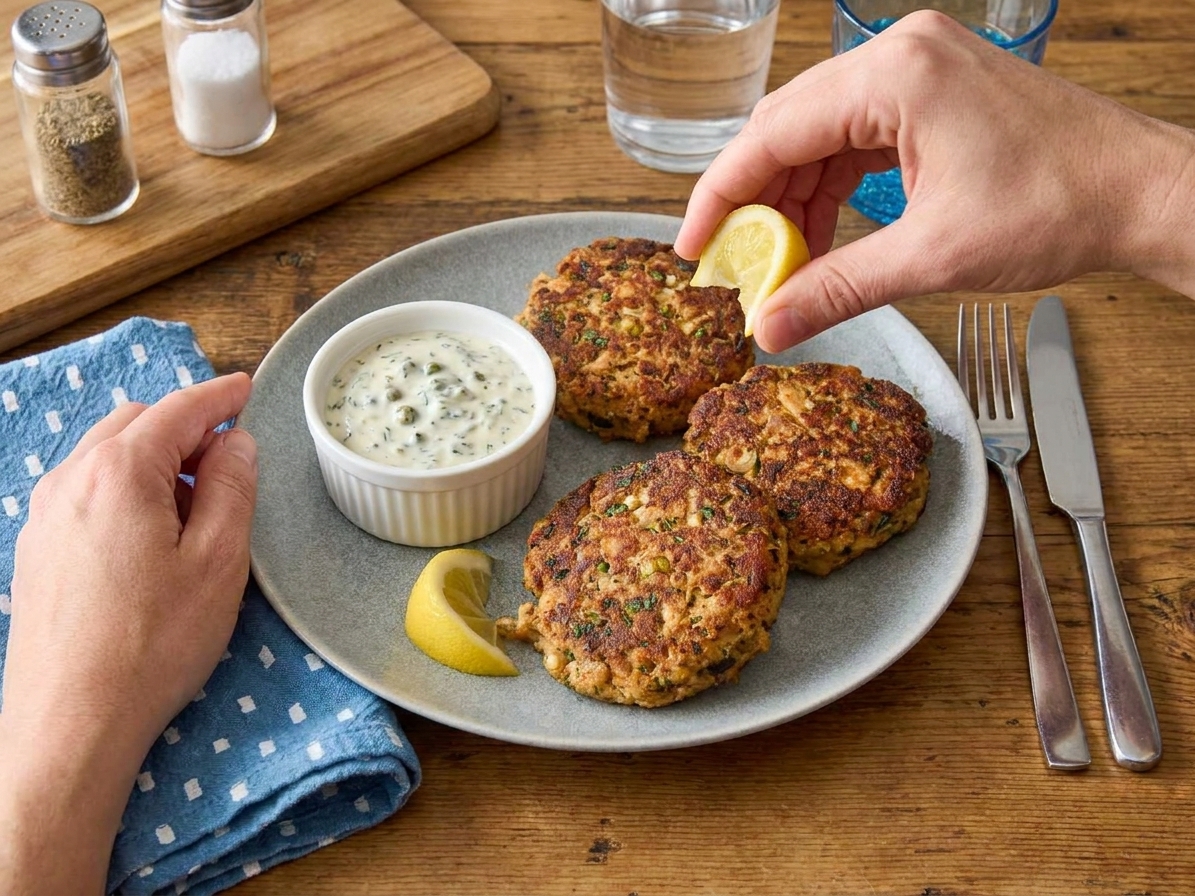 A plate of golden-brown salmon patties with lemon wedges and a small bowl of creamy sauce on a simple dinner table setting