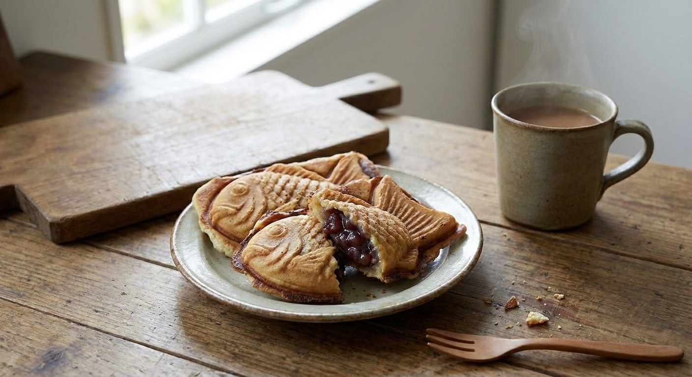 A plate of golden-brown taiyaki fish-shaped cakes with crisp edges, one broken open to show sweet red bean filling, on a warm-toned kitchen table with a simple mug nearby