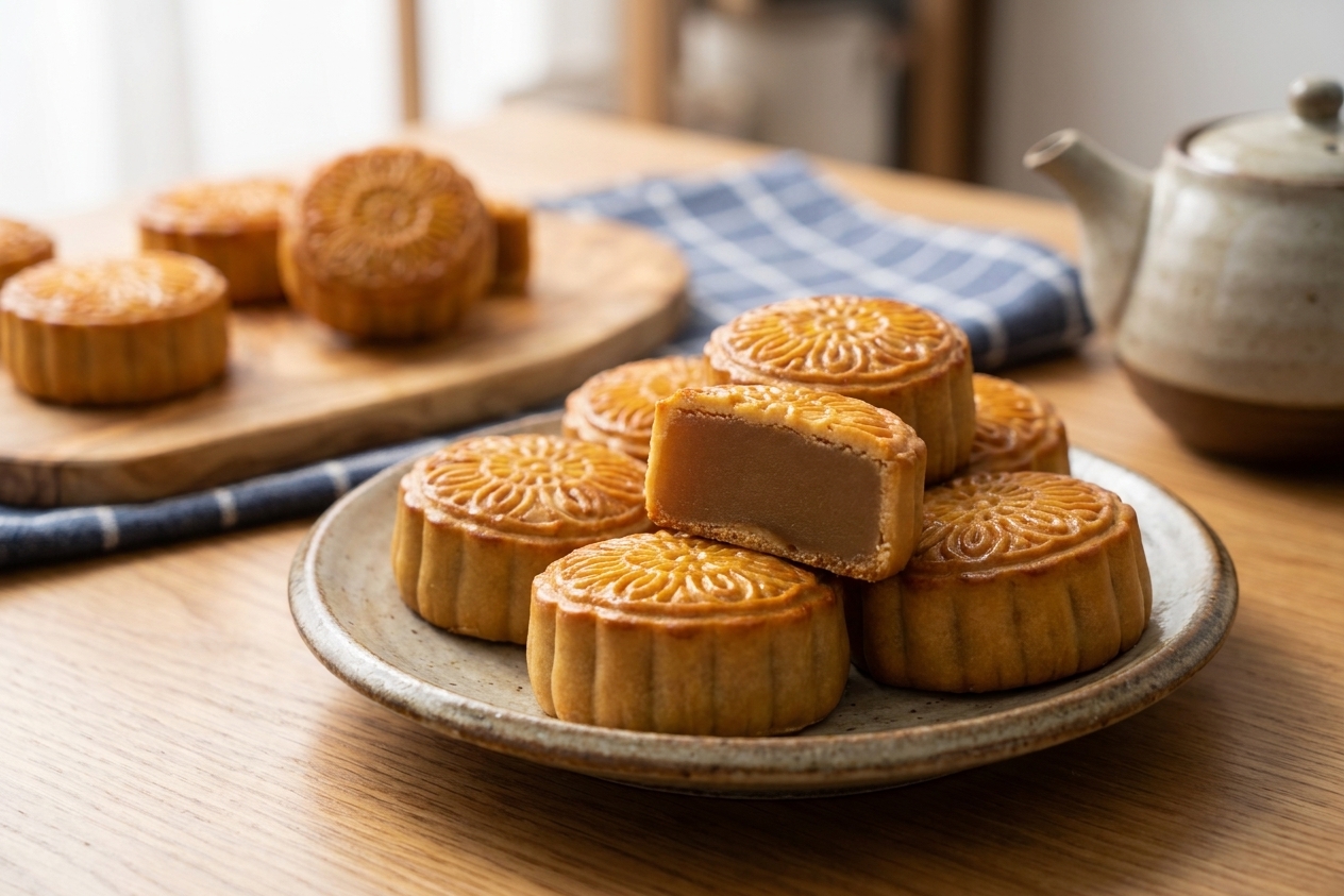 A plate of golden brown traditional mooncakes with stamped tops, one mooncake cut open to show smooth lotus seed paste, set on a warm kitchen table with soft natural light