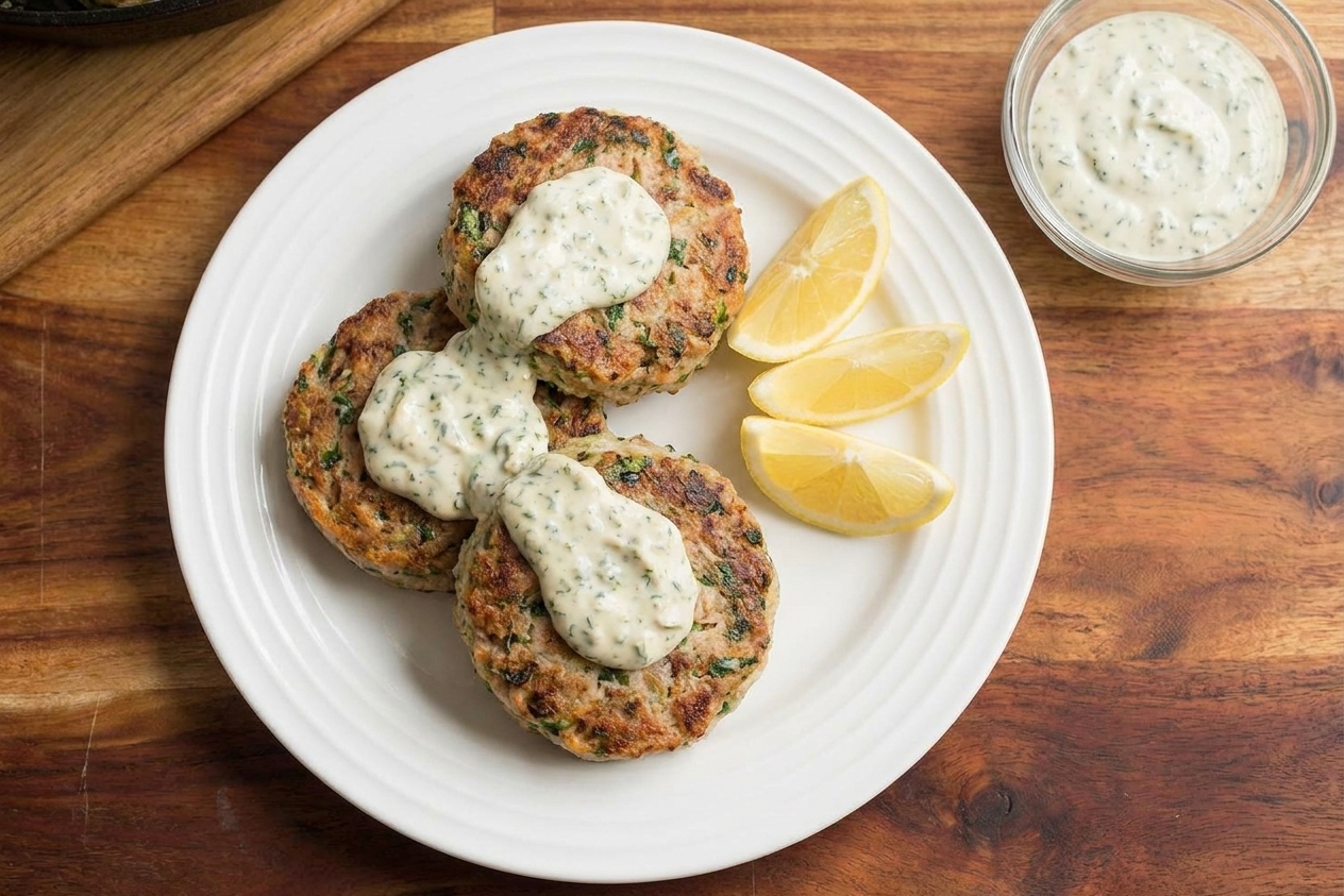 A plate of golden brown tuna patties with crisp edges, served with lemon wedges and a small bowl of creamy sauce on a simple kitchen table